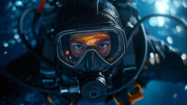 Professional scuba diver exploring underwater environment with clear focus on equipment and surroundings in vibrant ocean setting photo