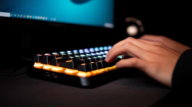 Close-up of hands typing on a backlit mechanical keyboard while gaming in a dimly lit room photo