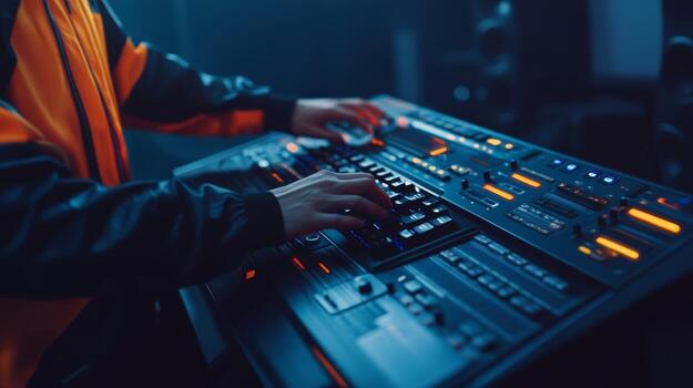 Music producer adjusting sound settings on a high-tech mixing console in a dimly lit studio during nighttime photo