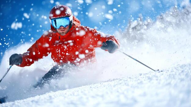 Skier navigating fresh powder on a snow-covered slope during a bright winter day in the mountains photo