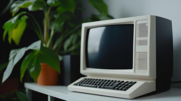 Vintage personal computer in a modern home setting with plants showcasing a blend of technology and nature photo