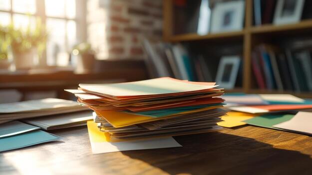 Colorful stack of paper on wooden desk in a bright workspace during the day photo