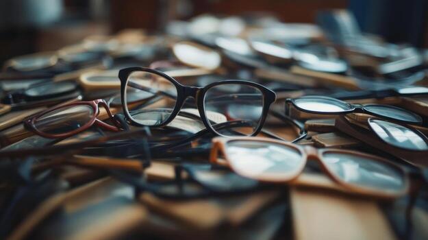 Diverse collection of eyeglasses scattered on a table in a cluttered room, showcasing various styles and colors during daylight photo