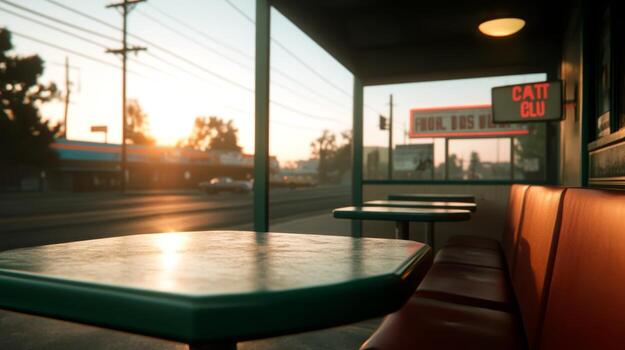 Bright sunrise shines on empty diner tables with retro seating at a quiet roadside location in the morning photo