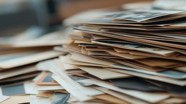 Old photographs are piled up on a wooden table, capturing moments of family history. The cluttered arrangement exudes nostalgia and invites memories to be shared photo
