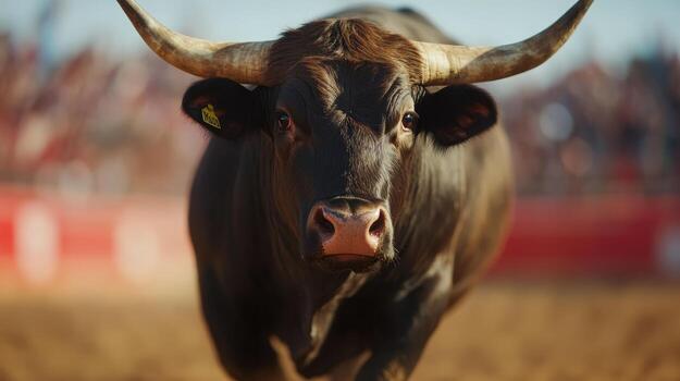 Majestic bull stands confidently in the arena with a crowd in the background during a lively event photo