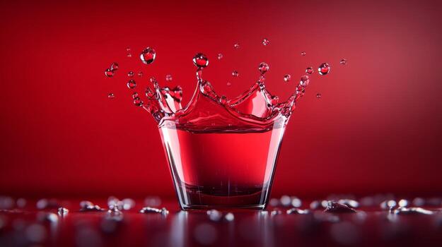 Vibrant red liquid splash captured in a clear glass on glossy surface with droplets against bold red background photo
