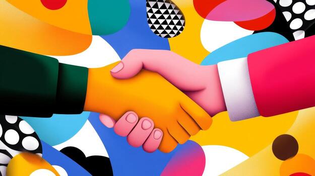 Diverse hands shaking in a colorful and vibrant abstract background representing unity and collaboration photo