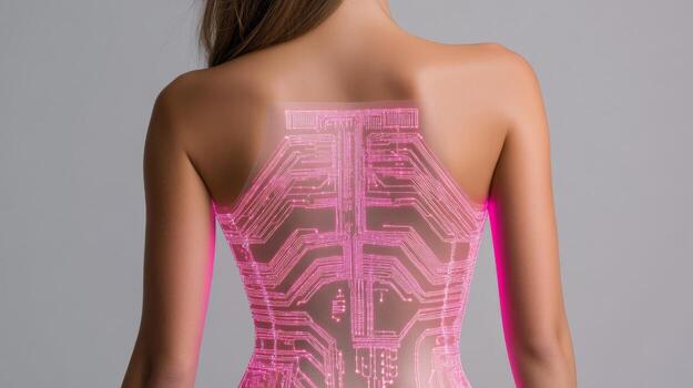 Elegant woman with glowing digital circuit board design on back posed against neutral background photo