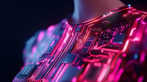Futuristic fashion with glowing circuit board design on a sleek garment set in a dark studio environment photo