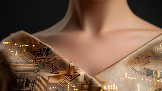 Innovative fashion design showcasing electronic circuit patterns on fabric highlighting modern technology and creativity photo