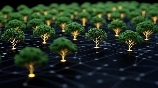 Digital forest concept with interconnected trees and network nodes illustrating technology and nature harmony photo