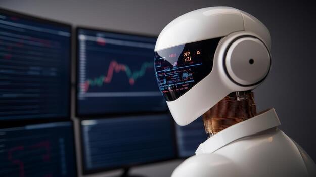 Robotic trader analyzing market trends with multiple screens displaying stock data in a modern office environment photo