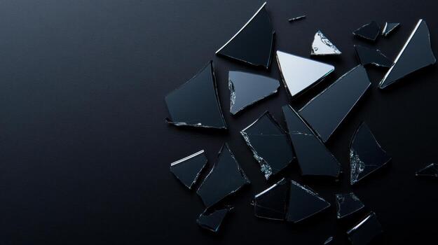 Shattered glass pieces scattered on a dark surface creating a dramatic contrast and an intriguing visual texture photo