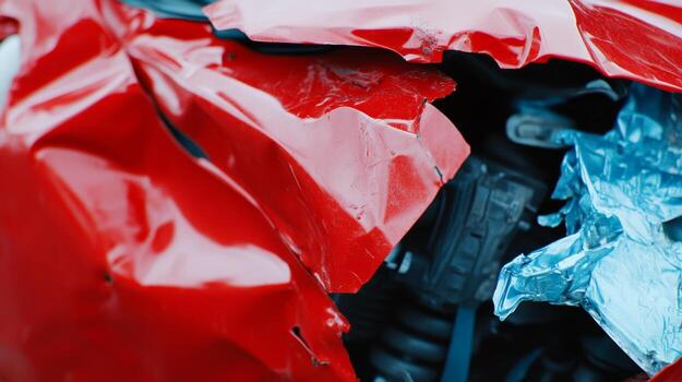 Emotionally charged close-up of a crumpled red car hood after an accident, showcasing the impact damage in stark detail photo