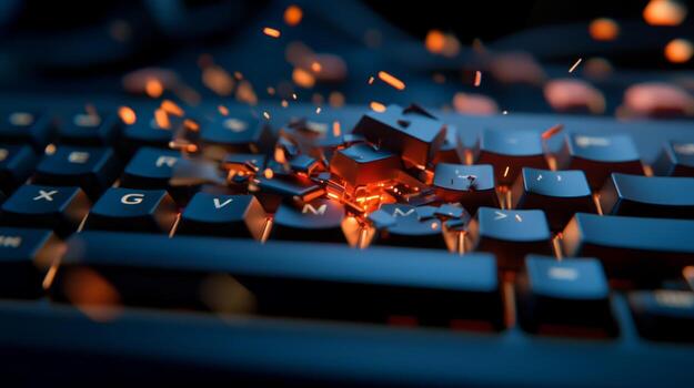 Keyboard explosion with sparks showcasing technology's power and creativity in a digital workspace photo