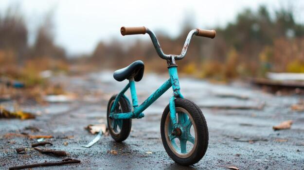 Abandoned blue bicycle on overgrown path among debris in a deserted area during overcast weather photo