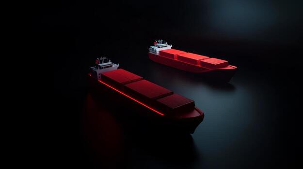 Cargo ships illuminated with red lights during nighttime voyage in an oceanic setting photo