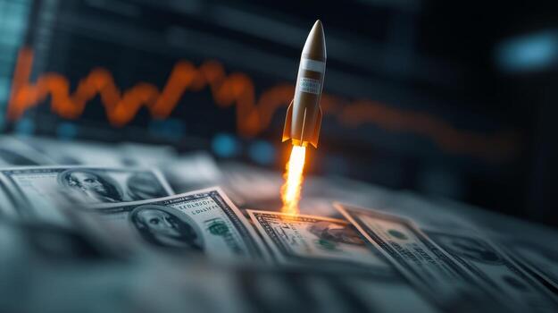 cohete lanzamiento en parte superior de cien dólar cuentas con financiero gráfico en antecedentes representando inversión crecimiento foto