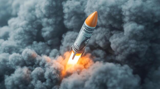 conceptual obra de arte representando un cohete parecido a un dólar cuenta lanzamiento mediante fumar en un dramático cielo foto