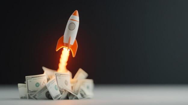 cohete lanzamiento con moneda cuentas en un moderno concepto de financiero crecimiento y inversión foto