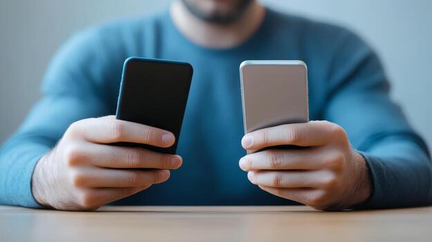 Man comparing two smartphones while seated at a wooden table in a modern indoor setting during daylight photo