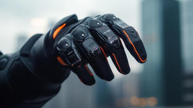 Advanced robotic glove showcasing cutting-edge technology in urban setting during daylight photo
