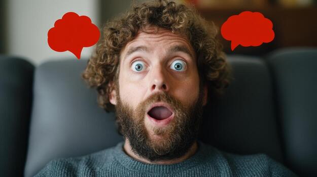 Surprised man sitting on a couch with expressive eyes and open mouth showing astonishment or excitement during a thoughtful moment photo