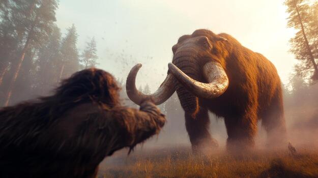 encuentro Entre antiguo humano y lanoso mamut en brumoso bosque paisaje durante crepúsculo foto