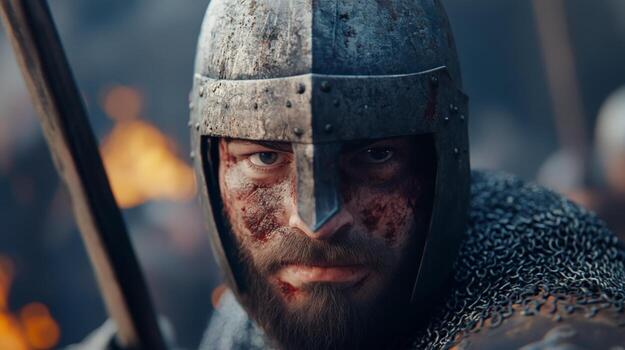 Medieval warrior with battle scars preparing for combat amidst flames in a historical reenactment photo