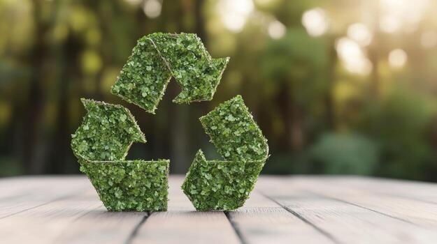 Recycling symbol made of green moss placed on a rustic wooden surface in sunlight surrounded by nature photo