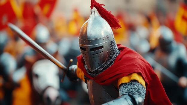 Medieval knight in armor wielding a sword during a historical reenactment event in a vibrant outdoor setting photo