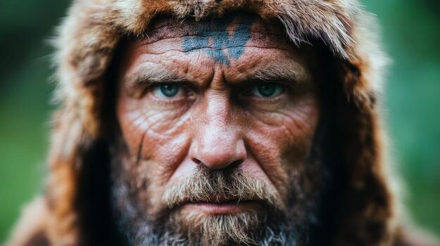 Portrait of a rugged warrior wearing a fur hood with intense expression, standing in a forest during daylight photo