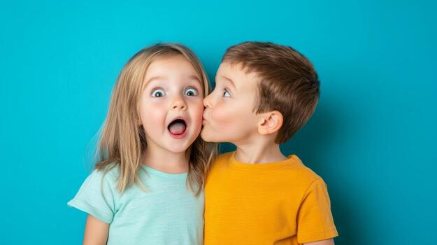 Children expressing joy and affection against a bright blue background in a playful moment photo