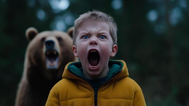 Child screams in fright as a bear approaches in a forest setting during daytime photo