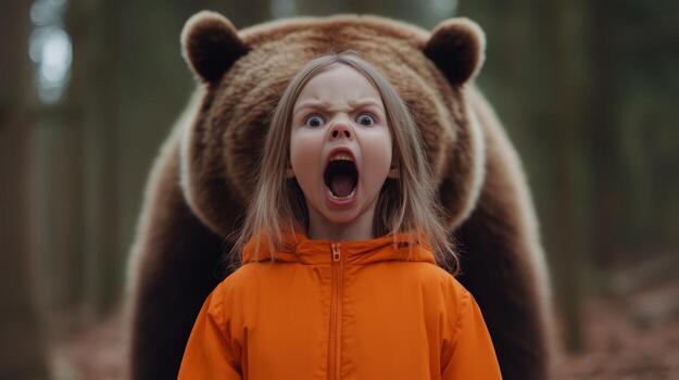 Child in orange jacket screams in front of a bear in a forest setting during daylight hours photo