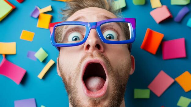 Excited man with colorful glasses surrounded by sticky notes on a vibrant blue background photo