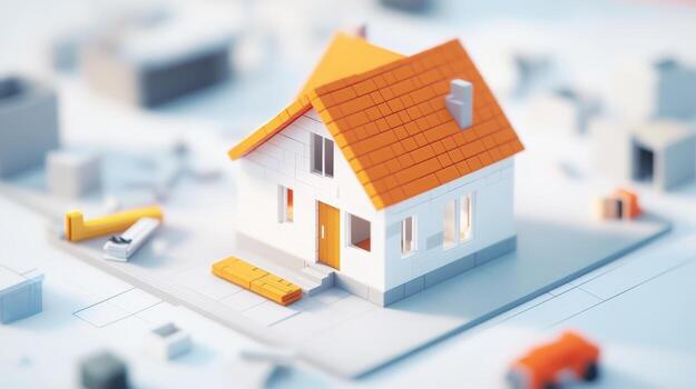 Miniature house model with orange roof set in a construction site environment photo