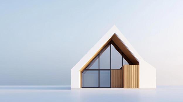 Modern architectural house design with triangular roof and wooden accents on a serene background photo