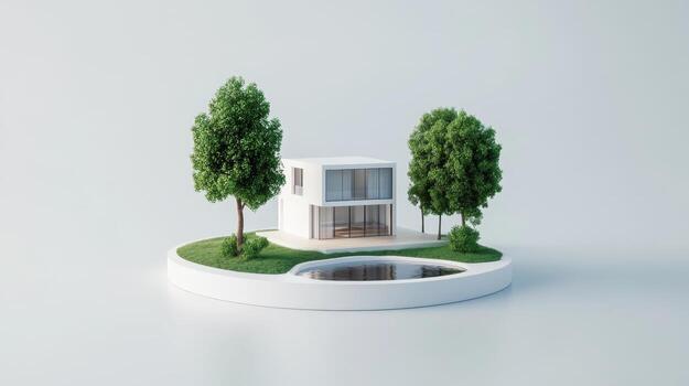 Contemporary miniature house model surrounded by greenery and water in a bright, minimalist setting photo