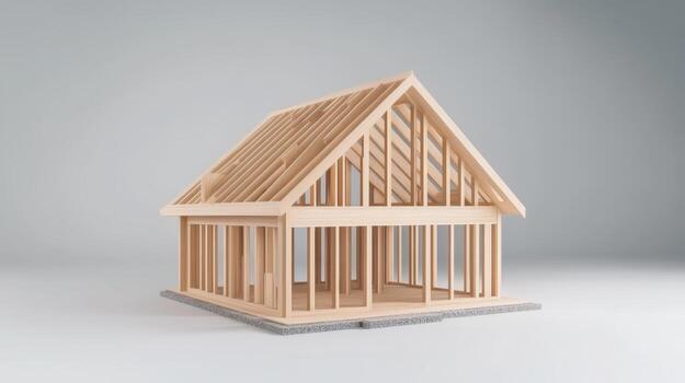 Wooden house model showcasing framing and architectural design techniques in a minimalistic setting photo