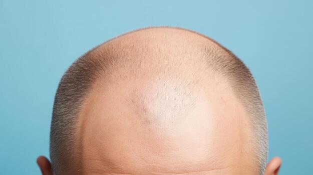 Man with shaved head against blue background, focusing on hair loss and baldness in a studio setting photo