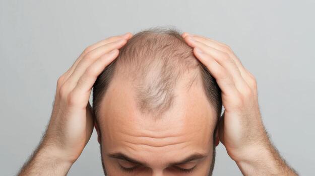 Man showing signs of hair loss while holding his head in contemplation in a neutral background during daylight photo