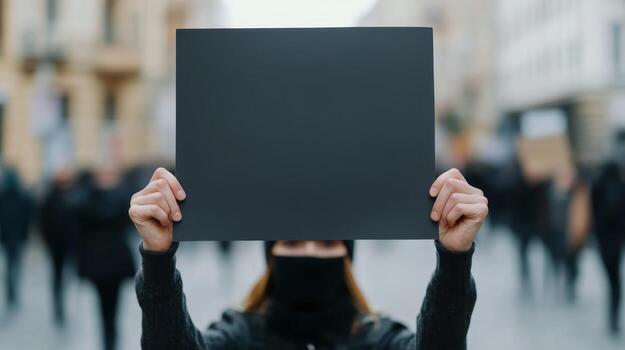 Protestor holds blank sign during demonstration in urban environment, advocating for social change and equality photo