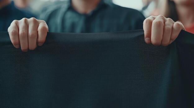 Group of people participating in a public event holding a large fabric with focus on hands during a demonstration or gathering photo