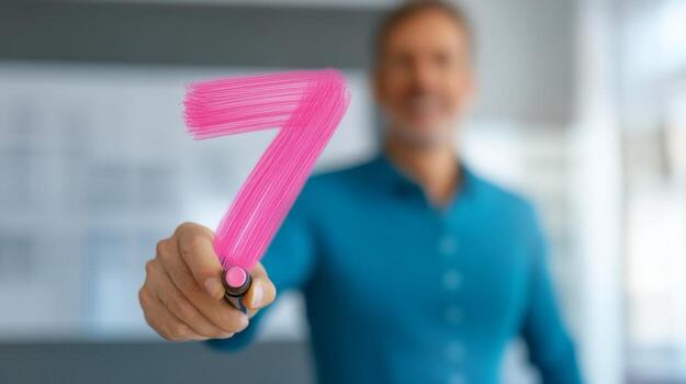 Creative businessman displaying number seven with pink marker in modern office photo