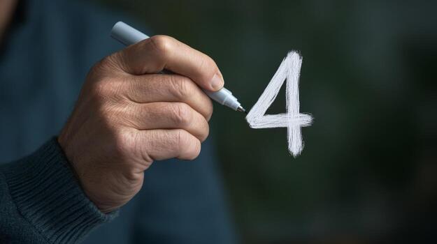 Hand writing the number four with a marker on a surface in a dimly lit room photo