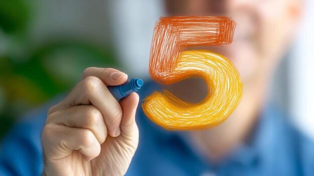 Creative professional writing the number five with a colorful marker on a transparent surface in a cozy office setting photo