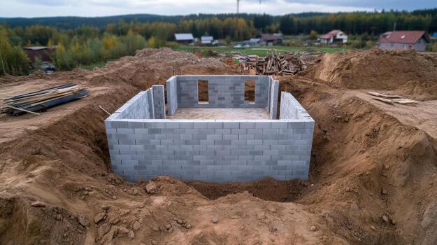 Construction site showing newly built concrete block foundation surrounded by soil and materials in rural setting photo