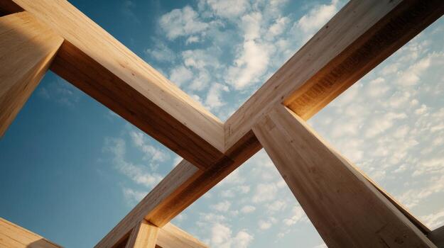 Wooden structure under a bright blue sky showcasing architectural design elements and natural lighting during daytime photo